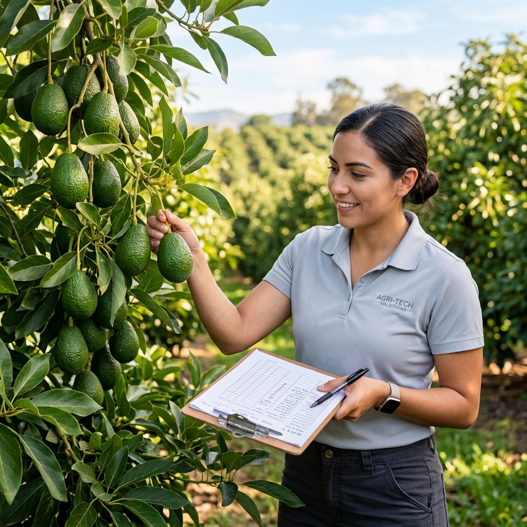Asesora de Rombi Soluciones Agrícolas analizando el cultivo de aguacates